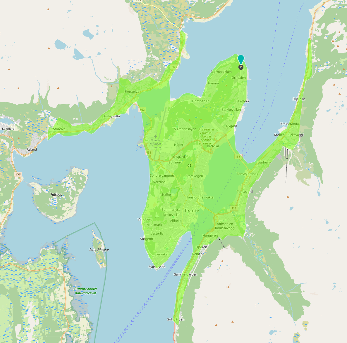 Kart over Tromsø med sone 1 markert i grønt. Gratis frakt innenfor 15 km kjøreavstand fra Remiks.